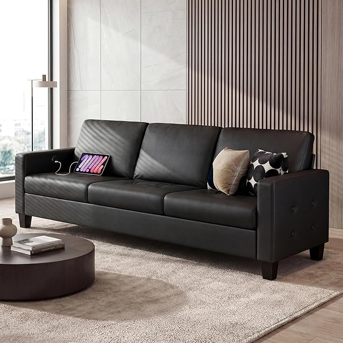 STHOUYN 73” Black Faux Leather Couch Modern Comfy Office 3 Seater Sofa Couch with Tufted Armrest and USB Small Love Seat Couches for Living Room Apartment Bedroom