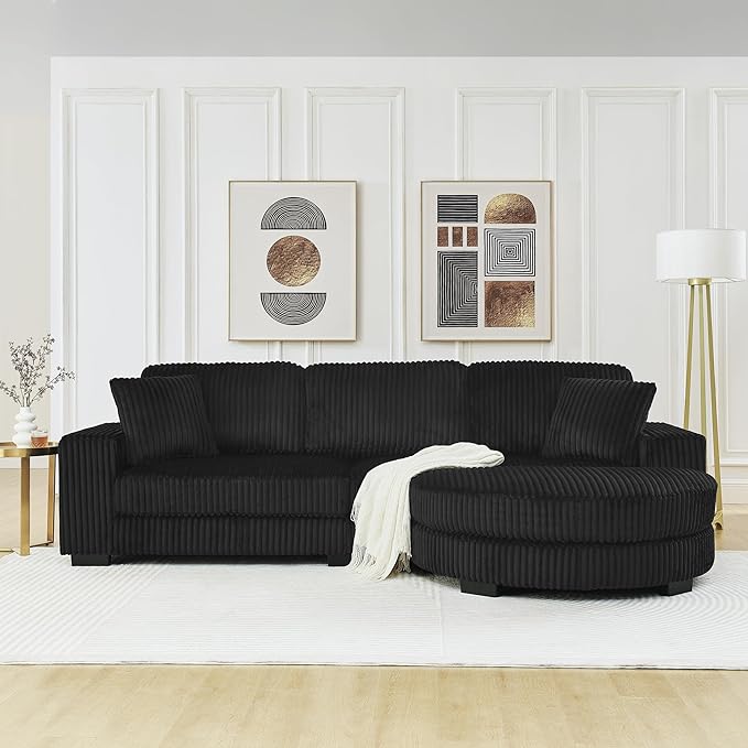 Curved Sectional Sofa with Removal Chaise Mid Centeury Modern Upholstered Corduroy Tufted Sleeper Bed L-Shaped Modular Convertible Sofa Black