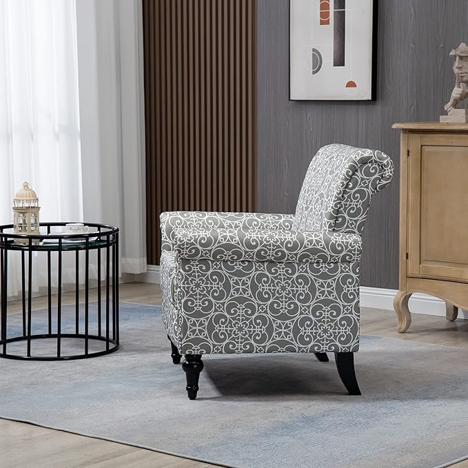 Mid Century Modern Accent Chair Linen Armchair wTufted BackWood Legs Upholstered Lounge Arm Chair Single Sofa for Living Room Bedroom Grey