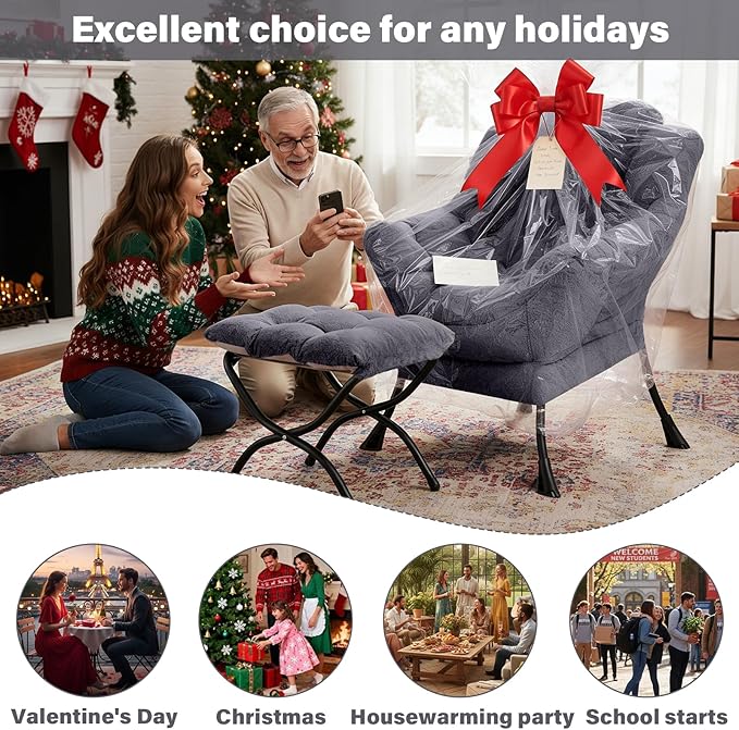 Plush Lazy Chair and Ottoman Large Dark Grey Contemporary Accent Chair with Side Pocket Modern Leisure Upholstered Reading Armchair with Footrest for Office Bedroom Living Room Balcony