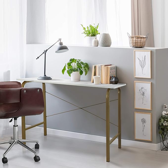 Versanora Teamson Home's Faux White Marble Top Compact Modern Desk with Brass-Finished Arched Legs and Sleek Contemporary Silhouette