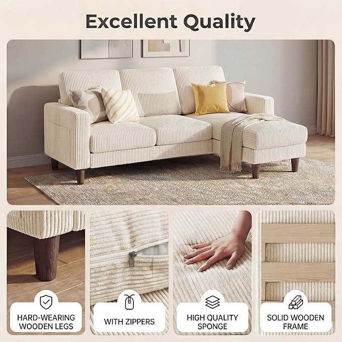 Homall 3 Seat Couch L Shape Sofa with Side Storage Pockage Sectional Couches with Reversible Ottoma Upholstered Sofa for Living Room and Small Spaces (Corduroy White)