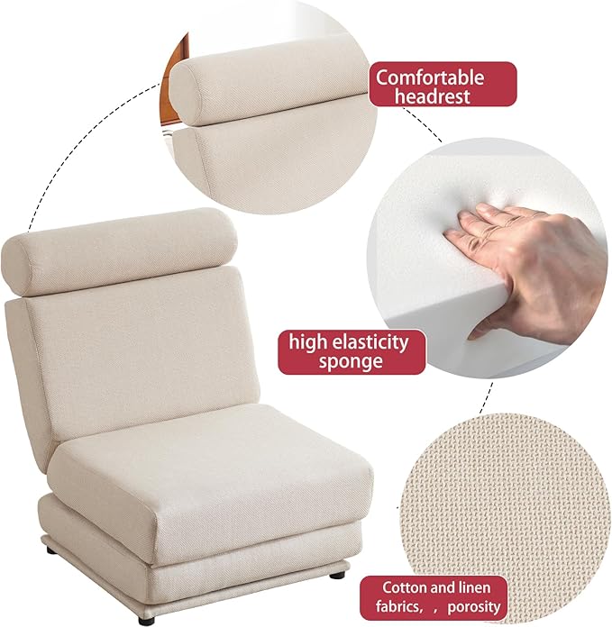 Single Sofa Chair Foldable Single Sofa Bed with PillowPortable Foldable Sofa BedLeisure Sofa ChairEasy to StoreMade of Breathable and Wearable Linen Cream White