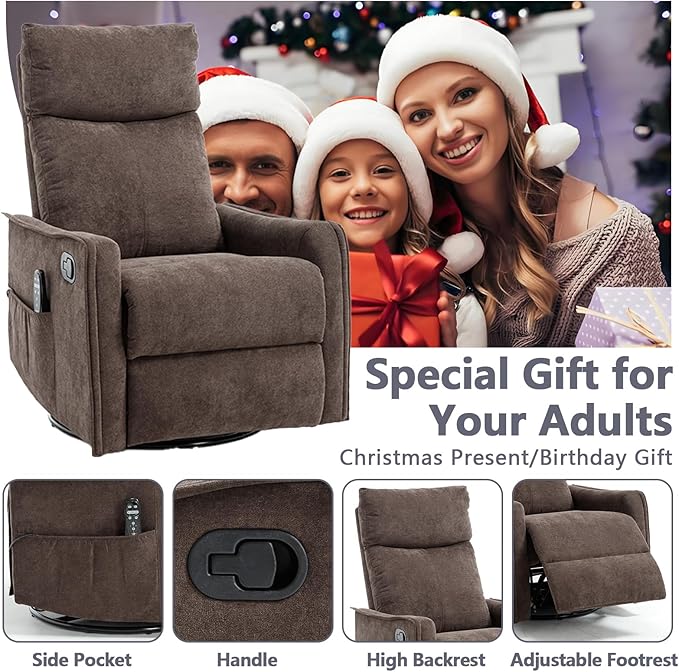 Massage Chair Recliner with Heat Swivel Rocking Chair Recliner with High Back Manual Nursery Recliners for AdultsSmall Recliner Chair for Small Spaces Living Room Bedroom Fabric (Dark Brown)