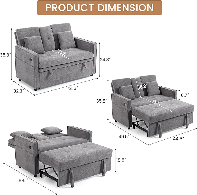 52 Convertible Sofa Bed 3-in-1 Sleeper Sofa with Pull-Out Bed Chenille Couch Folding Loveseat USB Ports &amp Adjustable Backrest Modern Loveseat for Living Room Apartment Grey