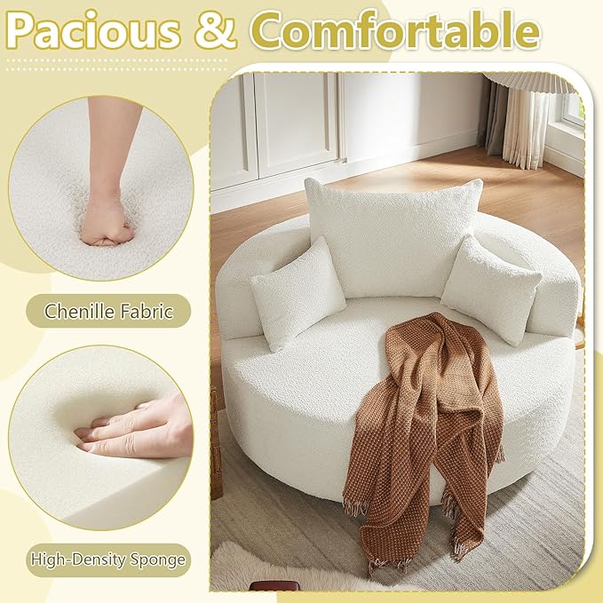 55 Oversized Round Swivel Chaise Longue Chair Indoor Modern 360 Degree Swivel Upholstered Chenille Deep Seat Circle Comfy Single Cloud Sofa Chair for Living Room Bedroom Apartment Office Beige