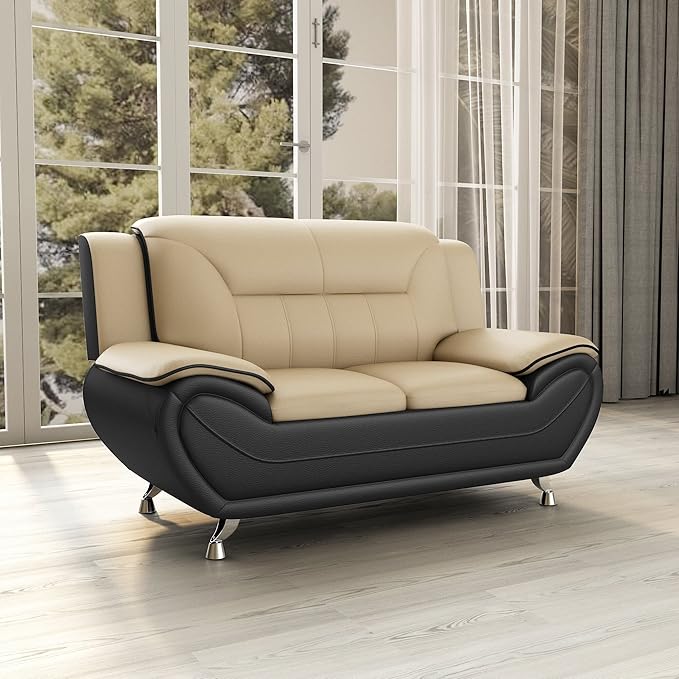 Michael Modern Faux Leather Upholstered Stainless Steel Legs Living Room Loveseat Black Camel