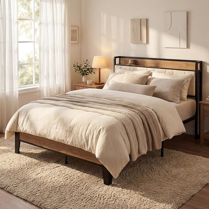 LIKIMIO Full Bed Frames Storage Headboard with Charging Station Solid and Stable Noise Free No Box Spring Needed Easy Assembly Wood and Cream
