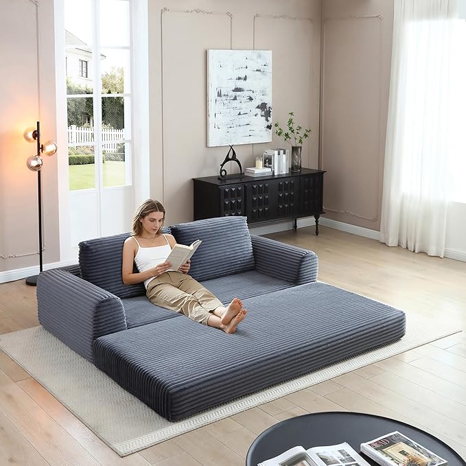 82 Corduroy Convertible Boneless Couch with Pull-Out Bed 2 in-1 Folding Convertible Sofa Bed with Pillows Loveseat Floor Sofa Couches for Living Room No Assembly Required (Grey) | Breathable Mater