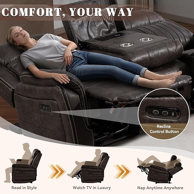 Zero Gravity Power Recliner Sofa Couch – Electric Reclining Sofa with Drop Down Table 3 Seater Dual Reclining Couch with Adjustable Headrests for Living Room (Foil Fabric Brownish Gray)