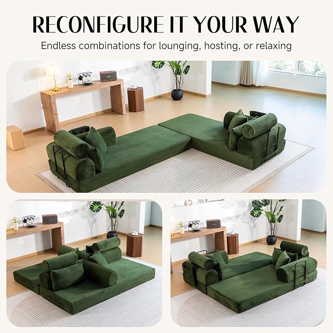 79 Corduroy Sofa Bed Sleeper Couch 6-in-1 Convertible Boneless Floor Futon Loveseat High-Density Foam Couch in a Box with 2 Headrest Pillows No Assembly Olive Green