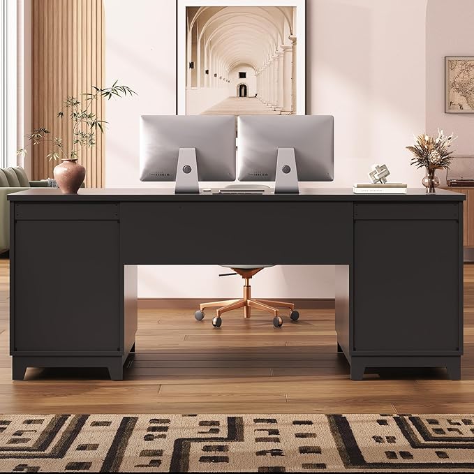 SEDETA 55.1 Fluted Office Desk with 6 Drawers Modern Executive Desk with Acrylic File Drawers Computer Desk with Power outlets for Home Office and Study (Black)