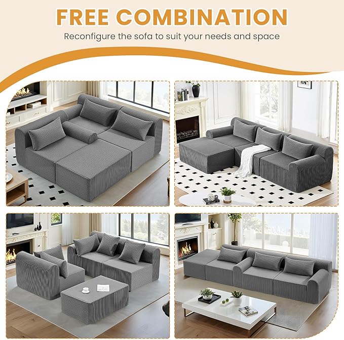 Oversize Boneless Couch for Living Room Comfort L Shaped Cloud Couch Sectional with Deep Seat and Movable OttomanModular Sectional Sofa with 5 PillowsNo Assembly RequiredGrey