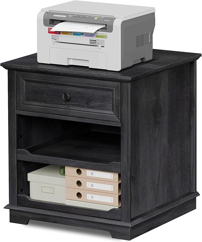 Lateral File Cabinet 3 Drawer File Cabinet with Charging Station Printer Stand with Open Adjustable Storage Shelves Lateral Filing Cabinet for Home Office Black
