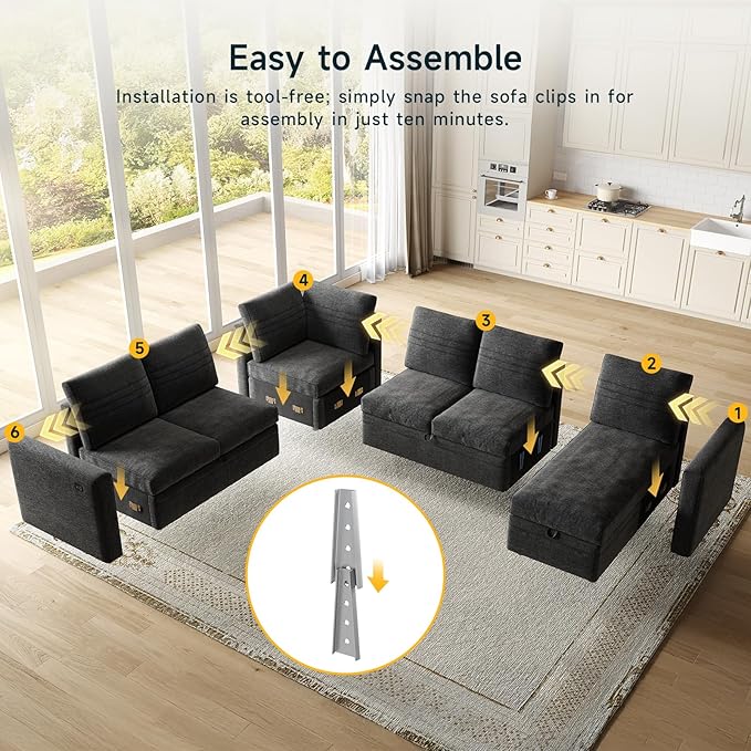 ONBRILL 105 Modular Sectional Sleeper Sofa with Pull Out Bed6 Seat Sectional Sleeper Sofa with Storage ChaiseUSB PortsModern U-Shaped Couches for Living RoomTool-Free AssemblyChenilleBlack