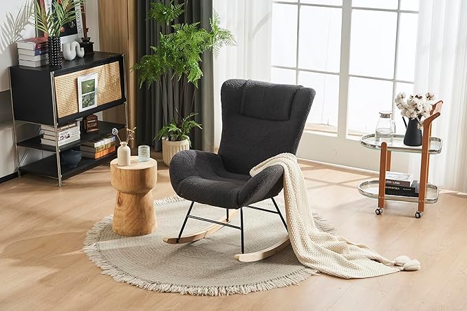 Rocking Chair Nursery Solid Wood Legs Reading Chair with Teddy Fabric Upholstered Nap Armchair for Living Rooms Bedrooms Offices Best GiftGrey Teddy Fabric