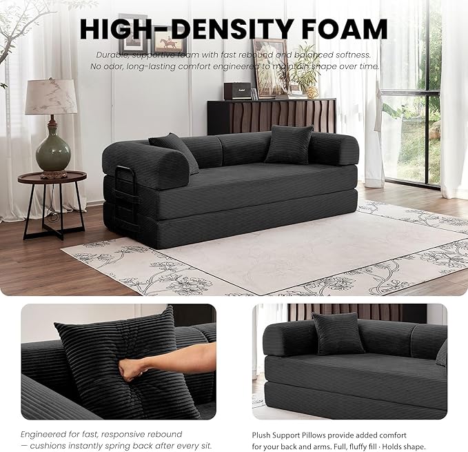 79 5-in-1 Convertible Sofa Bed King Size Sleeper with Bonus Pillows &amp Heavy Duty Frame No Assembly Corduroy Couch Bed for Movie Night &amp Guest Room Black