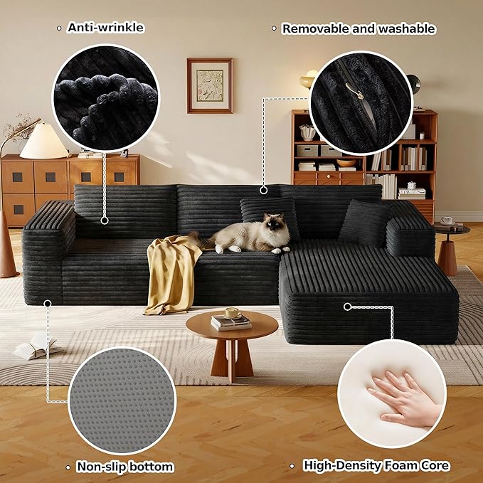108.2 Modular Sectional Sofa with Deep Seat Boneless L Shaped Corduroy Couch Modern Comfort Cloud Couch Oversized for Living Room No Assembly (Right Facing ChaiseBlack)