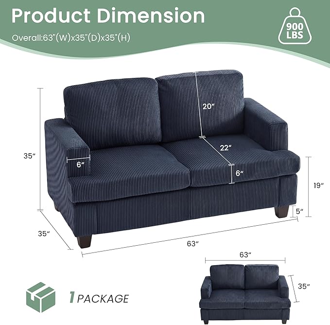 YOUDENOVA Sofa 63” Comfy Loveseat Sofa with Deep Seats Couch for Living Room Modern Sleeper Couch Blue Corduroy