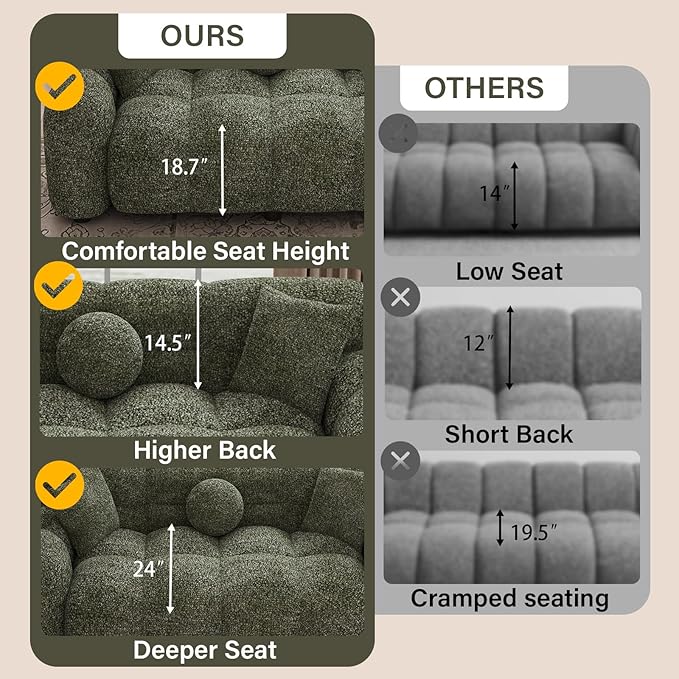 65 Chenille Cloud Sofa Couch Modern Deep Seat Loveseat Sofa Comfy Upholstered Couch with 3 Pillows Oversized Accent Armchair for Living Room Apartment Office Green