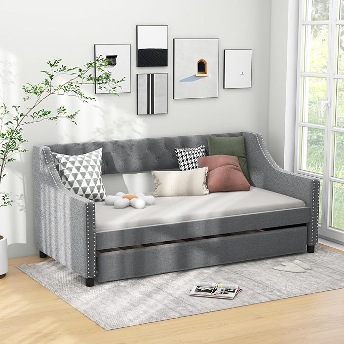 KOMFOTT Upholstered Twin Daybed with Trundle Sofa Daybed with Backrest &amp Armrests Space-Saving Daybed Trundle Bed Frame for Bedroom Guest Room &amp Dorm No Box Spring Needed (Grey)
