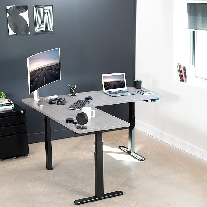 VIVO Electric Height Adjustable 67 x 60 inch Corner Stand Up Desk 2 Dark Gray Solid Table Tops Black Frame Memory Controller L-Shaped Workstation 3E Series DESK-KIT-3E6G