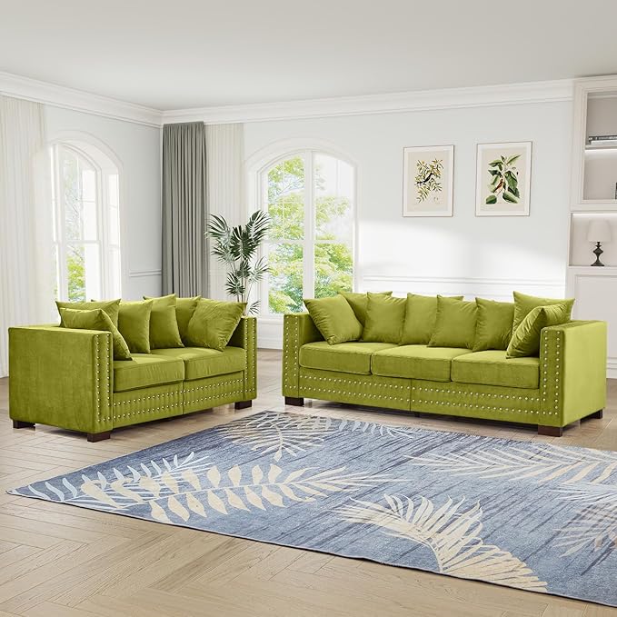 60.5W Loveseat Sofa Velvet Mid Century Modern Couch with Storage Upholstered Deep Seat Chesterfield Couch with Nailhead Trim &amp Pillows 2-Seat Comfy Sofa for Living Room Bedroom Apartment(Gre