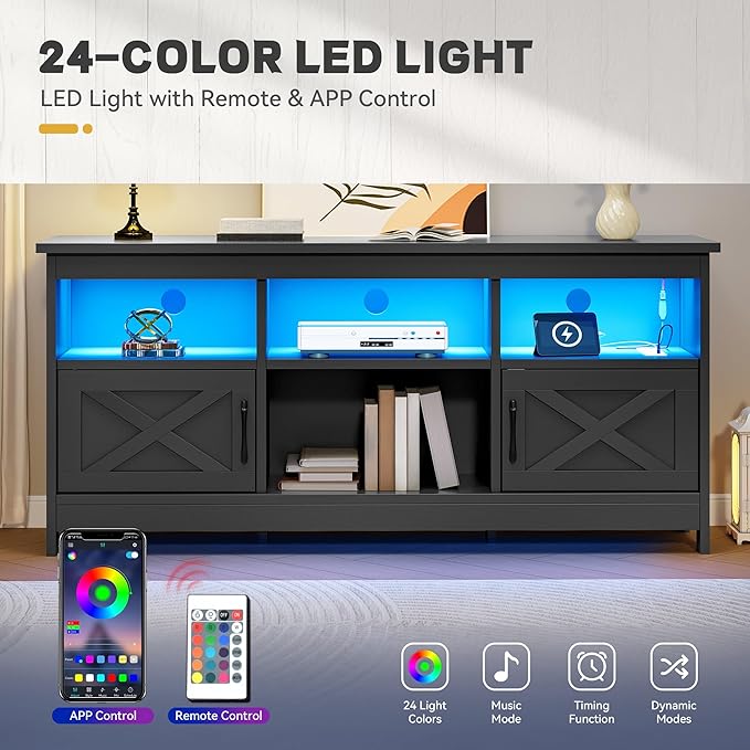 YITAHOME TV Stand for 65 Inch TVs Entertainment Center with Storage Cabinets Power Outlet &amp LED Light Media TV Console with Barn Doors for Living Room Black