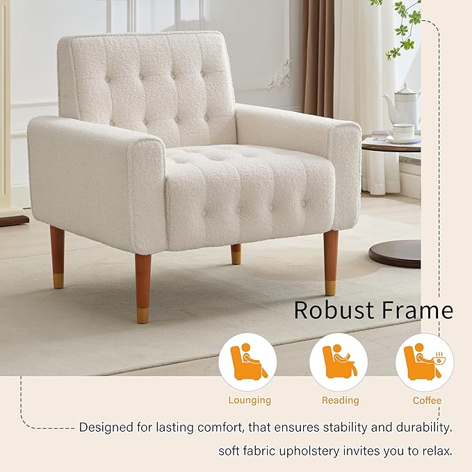 JOSHEN 33 Modern Accent ChairComfy Boucle Living Room Chairs with Solid Wood FrameLounge Reading ArmchairBeige