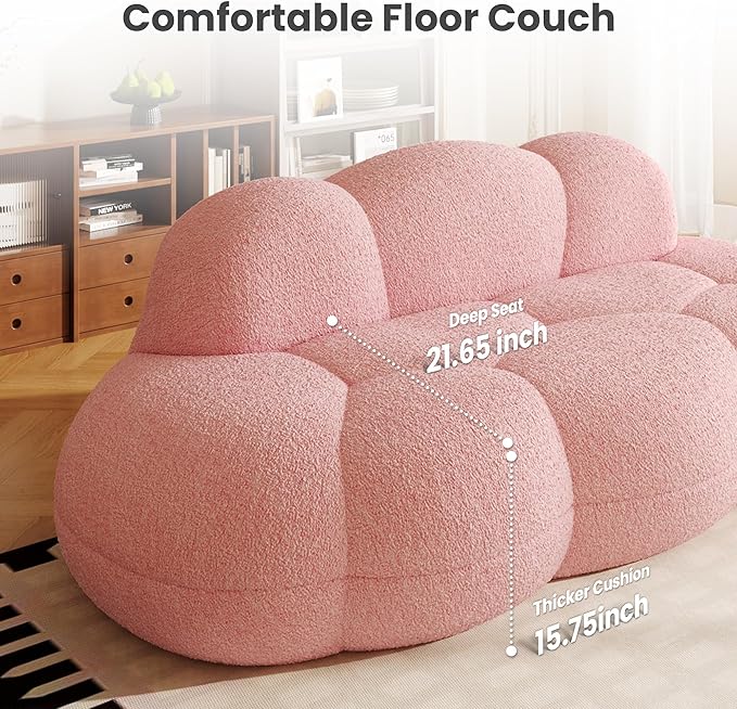 90 Curved Pink Boucle Couch Comfy Cloud Shaped Boneless Couches for Living Room Modern Deep Seat Loveseat Lazy Floor Sofa for Bedroom Apartment Small Space (No Assembly)