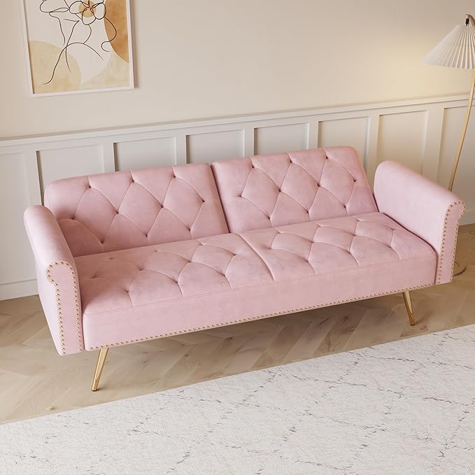 Convertible Futon Sofa Bed  Adjustable Sleeper Couch Modern Velvet Tufted Recliner Reversible Loveseat Folding Daybed Guest Bed Sofacama w/ Nailhead Trim and Golden Metal Legs for Living Room Office