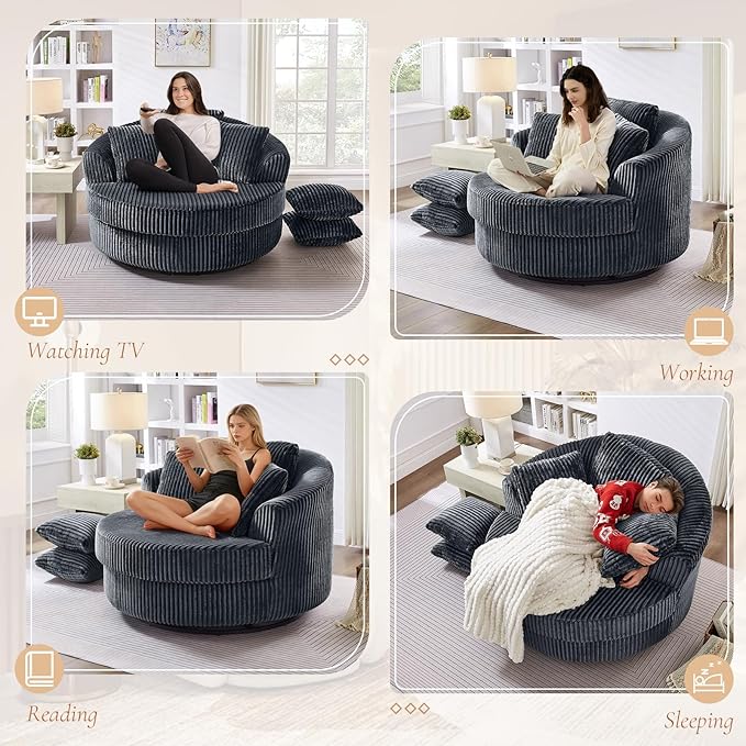 360 Degree Oversized Swivel Chair 50 Round Lounge Chair Modern Accent Circle Chair W/ 5 Pillows Upholstered Corduroy Sofa Chair for Living Room Bedroom Apartment Grey