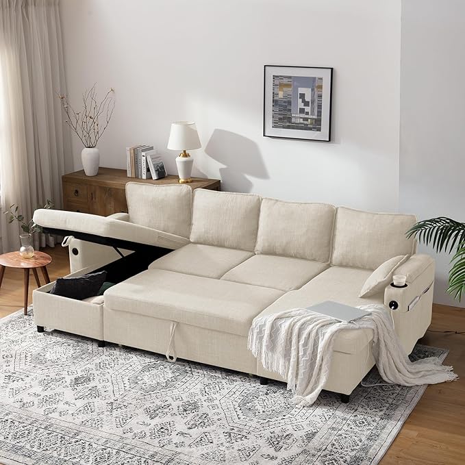 DURASPACE Sofa Bed Sleeper Sofa Pull Out Couch with Double Storage Chaise Sectional for Living Room U Shaped Couch with Removable Covers (Beige)