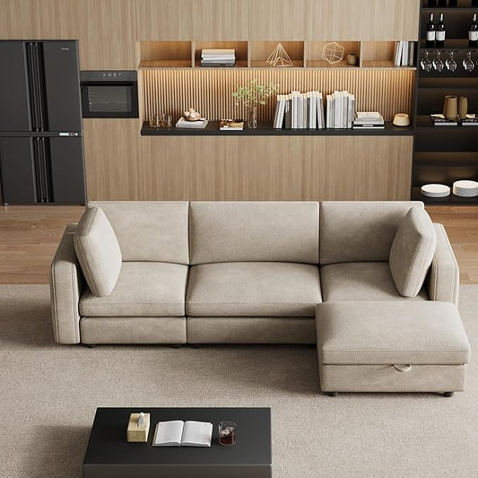 OUYESSIR 114 Oversized Modular Sectional Sofa L Shaped Sectional Couches for Living Room 4 Seat Modular Sofa with Storage Ottoman &amp Removable Cover Light Brown