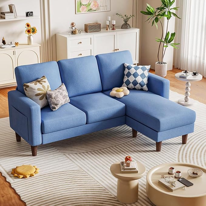 Homall Convertible Sectional Sofa 3 Seat L Shaped Couch with Side Storage Pocket Sofas with Movable Ottoman Small Linen Couches for Living Room &amp Apartment (Linen Fabric Blue)
