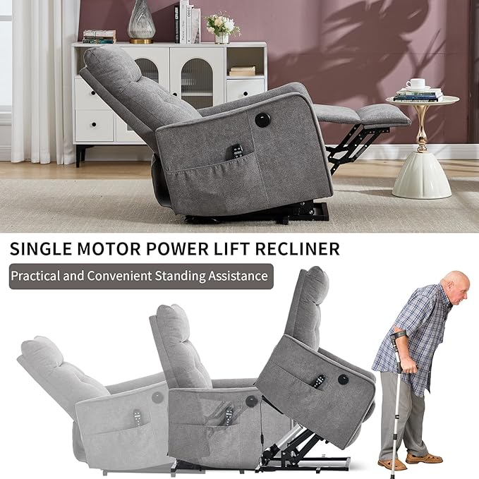Small Power Lift Chair Recliner for Elderly Petite Power Recliner Chair with Massage and Heat | USB | High Back | Push Button | Side Pockets Liviing Room Easy Assembly (Chenille Light Grey)