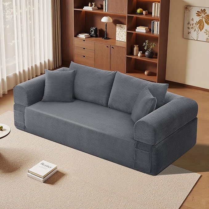 83 Sofa in a Box 3 Seater Couch No Assembly Boneless Sofa Bed with Cushion Back 2 Pillows Deep Seat Corduroy Fabric Side Storage Pockets for Living Room Bedroom Apartment Office Deep Grey
