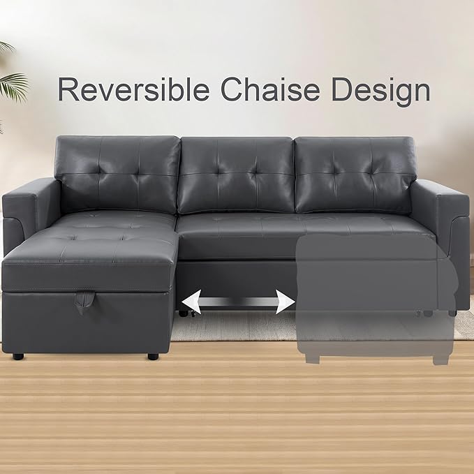 Naomi Home L Shaped Sectional Couch with Storage &amp Pull Out Bed – 3-in-1 Convertible Sleeper Sofa Bed Small L Shape Sofa for Living Room Sofa Bed with Storage Chaise in Dark Gray Air Leather