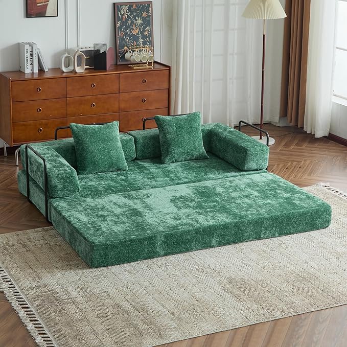 Folding Sofa Bed Modular Sectional Cloud Couch Convertible Sleeper Sofa Bed with Pillow Back Support Armrest for Living Room Bedroom Lounge No Assembly Required Chenille(Dark Green)