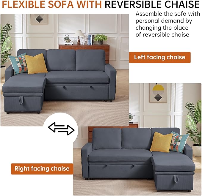 Sleeper Sofa Bed Convertible L Shaped Sofa | Pull Out Bed with Reversible Storage Chaise | Layered Storage | Side Pockets | 3-Seater Comfy 79 Sectional Pullout Couch for Living Room Dark Grey