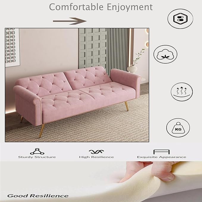 Modern Velvet 2 in 1 Futon Sofa BedConvertible Folding Sleeper Bed Couches with 2 Pillows63 Tufted Recliner Love Seat with Golden Chrome Legs for Living Room Apartment Office (Pink-New)