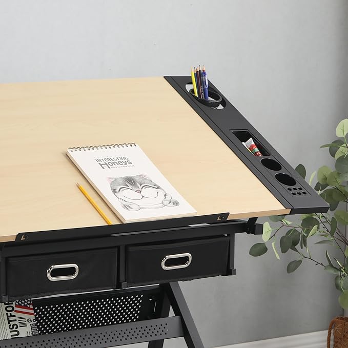 Adjustable Drawing Table Desk with 2 Drawers for Home Office and School with Stool(Wood)