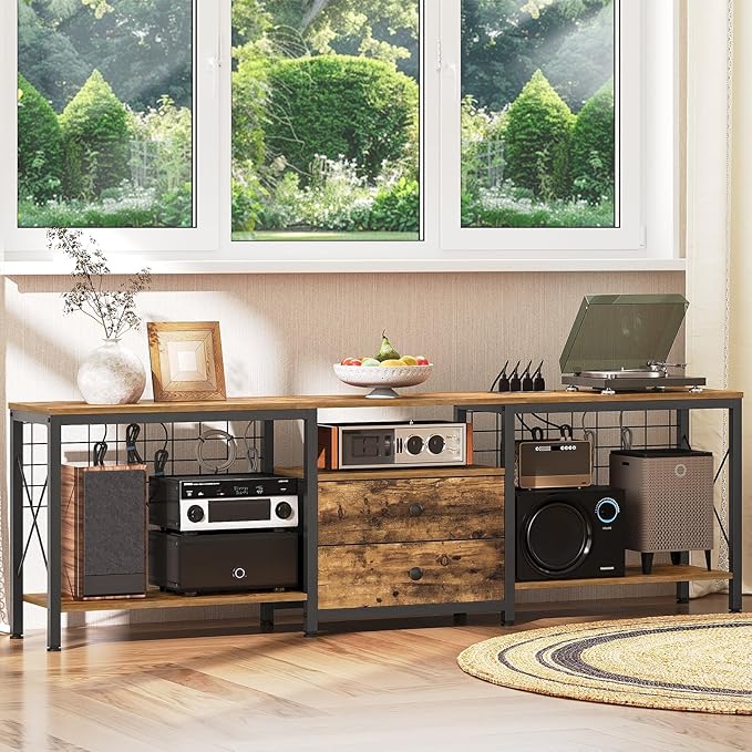 TV Stand with Power Outlet Up to 75 Inch Entertainment Center with 2 Fabric Drawers TV Console Table with Open Storage Shelves for TVs Cable Management for Living Room Bedroom DS18UBRY1