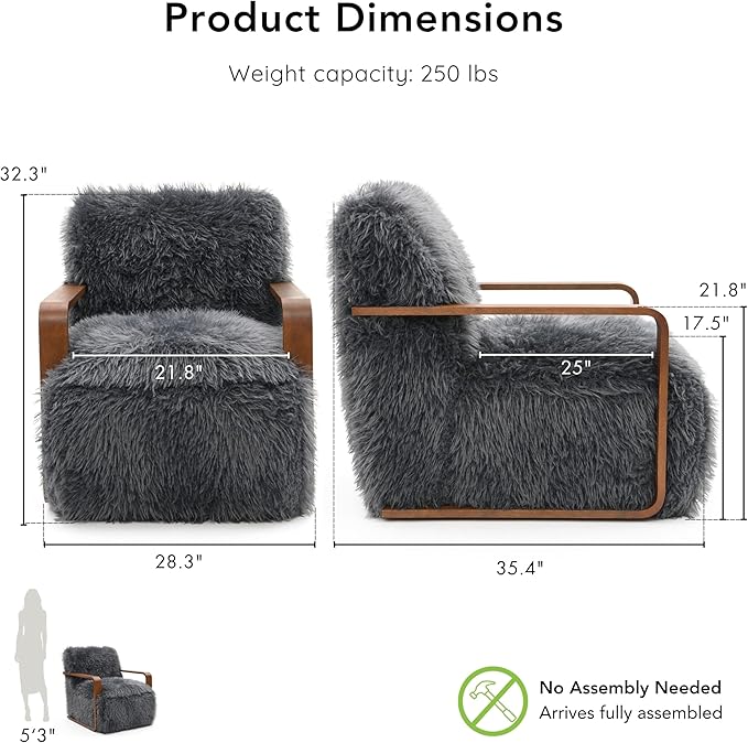 Furniture of America Ramos Modern Lounge Chair with Ultra Soft Faux Fur Long-Haired Accent Sofa Tight Seat and Back Single Couch Fluffy Living Room Seating No Assembly Needed Charcoal Gray