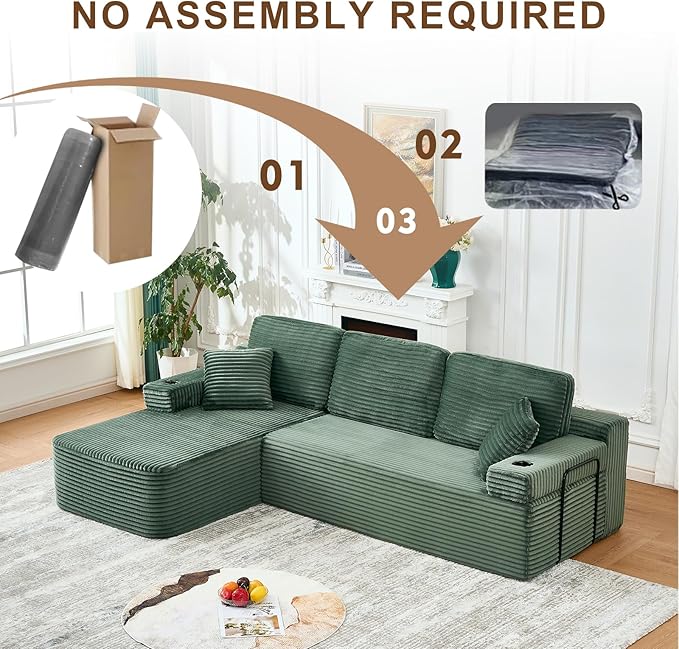Cloud Sectional Couch with L-Shape ChaiseModern Minimalist Upholstered Couches with Deep SeatCorduroy Boneless Couches for Living Room Bedroom (Green 105 L-Shaped Left Chaise)
