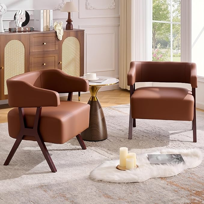 JIASTING Barrel Accent Chairs Brown Leather Chairs with Solid Wood Frame Mid-Century Modern Wooden Armchair with Wraparound Back Comfy Office Reading Chair for Living Room Bedroom (2 Brown)