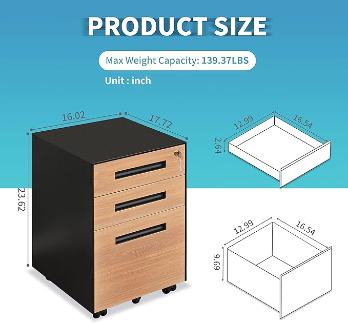Generic 3 Drawer Mobile File Cabinet with Lock Steel File Cabinet for LegalLetterA4F4 Size Fully Assembled Include Wheels Home Office Design Walnut+black
