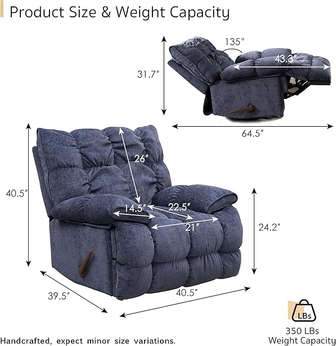 SITJOY Oversized Power Swivel Rocker Recliner Chair Overstuffed Extra Wide Rocking Chair for Big and Tall Glider Recliner Nursery Chair Soft Breathable Fabric in Dark Blue Manual