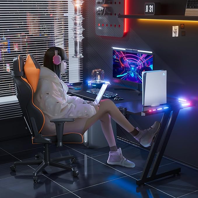 HLDIRECT 63 Inch Gaming Desk with LED Lights Carbon Fibre Surface Gaming Table Large Computer Desk Ergonomic Home Office Desks Z Shaped PC Gamer Workstations with Cup Holder &amp Headphone Hook Black