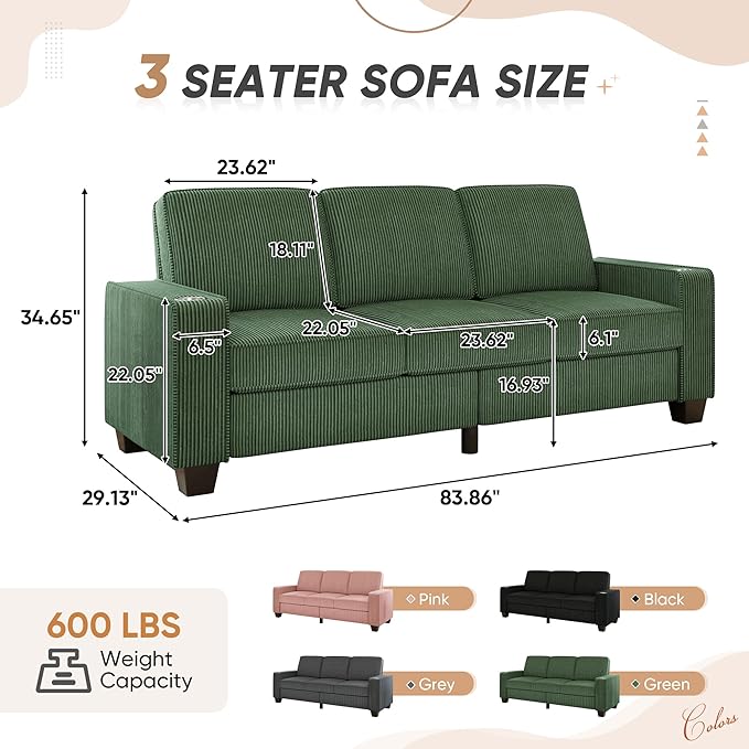 83.86 Corduroy 3-Seater Sofa with Extra Deep Seat Modern Cloud Couch with 2 Cup Holders Comfy Upholstered Sofa for Living Room Apartment &amp Office Green